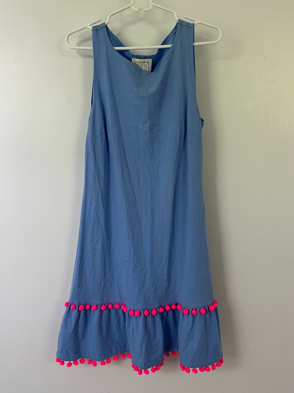 Sail to Sable Blue Sleeveless Dress with Hot Pink Pom-Pom Trim